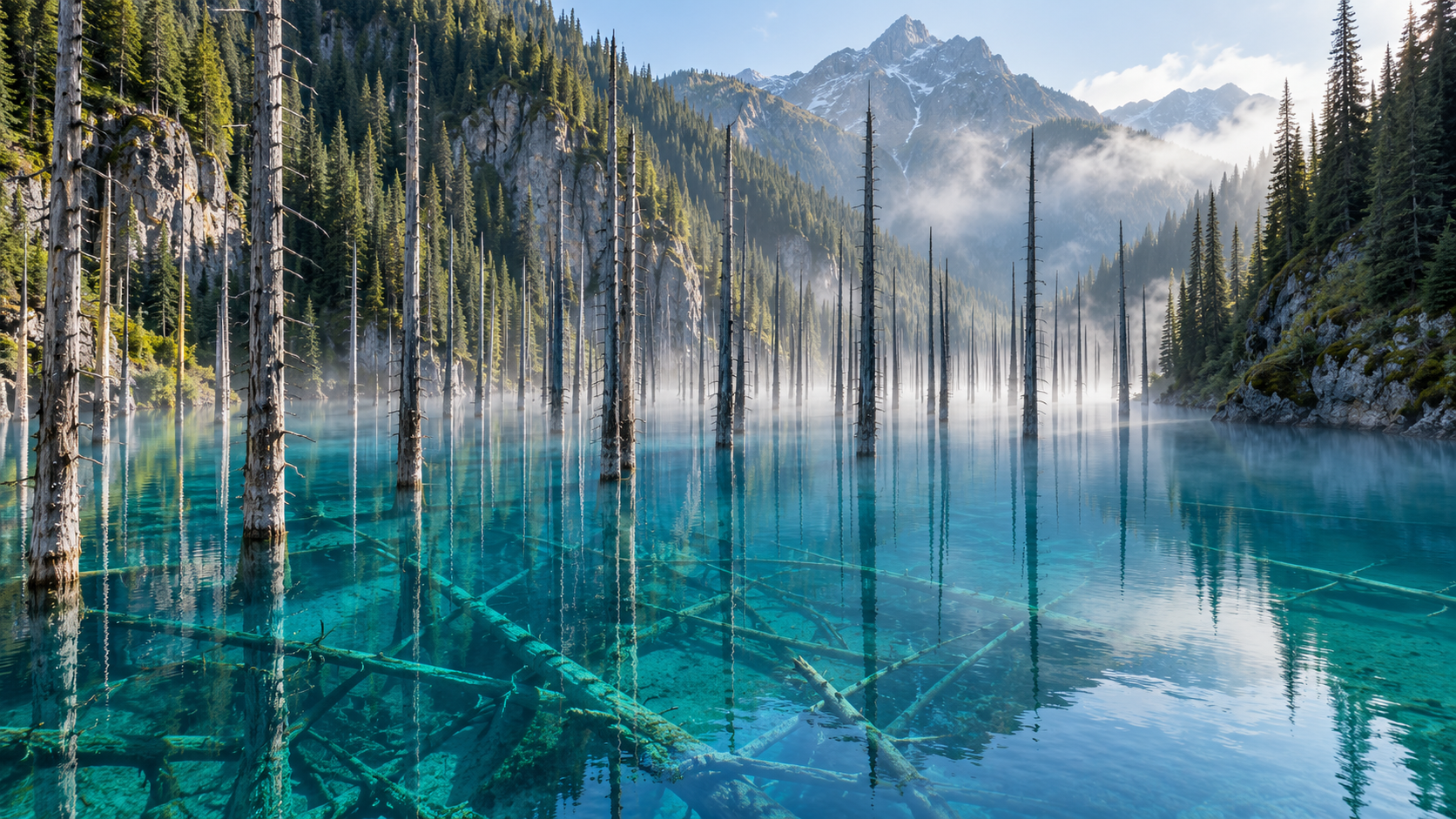 Lake Kaindy: The Sunken Forest Drowned by an Earthquake — Kolsay Lakes National Park, Almaty Region, southeastern Kazakhstan, in the Tian Shan mountains, about 12 km by off-road track from the village of Saty, Kazakhstan