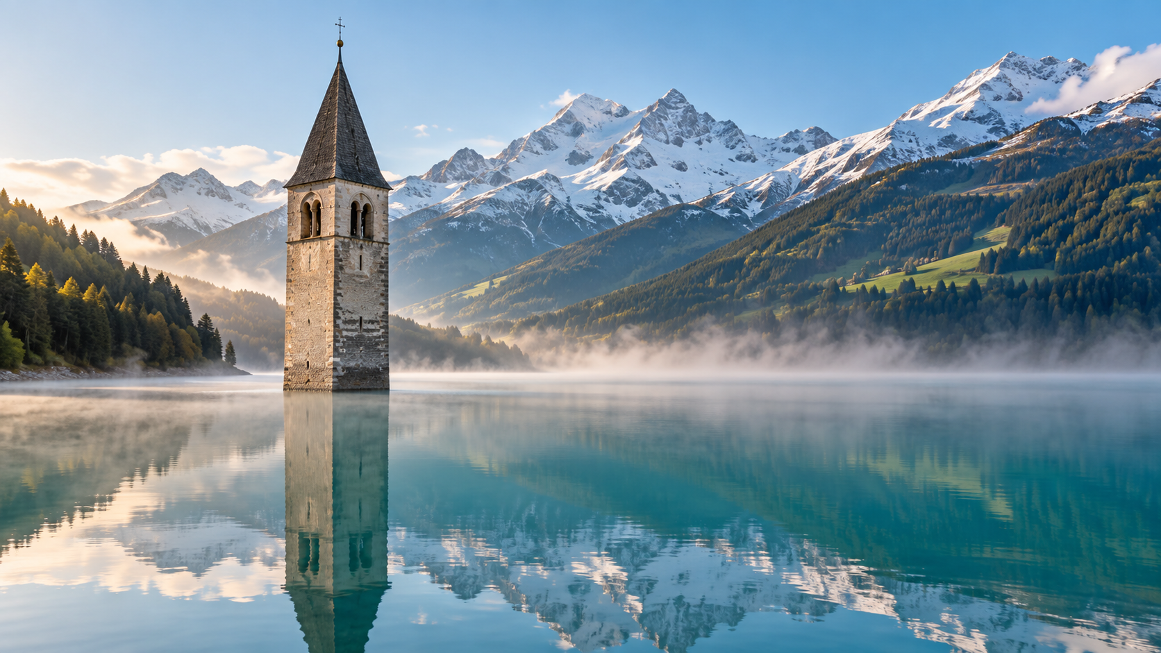 Lake Resia: The Bell Tower of the Village Beneath the Water — Graun, Italy