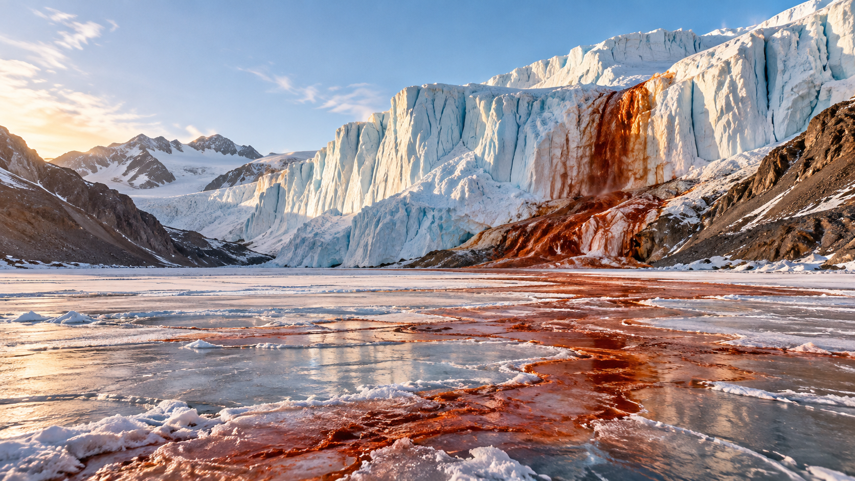 Blood Falls: Antarctica’s Rust-Red Glacier — Snout of Taylor Glacier, where it meets West Lake Bonney, Taylor Valley, McMurdo Dry Valleys, Victoria Land, East Antarctica., Antarctica